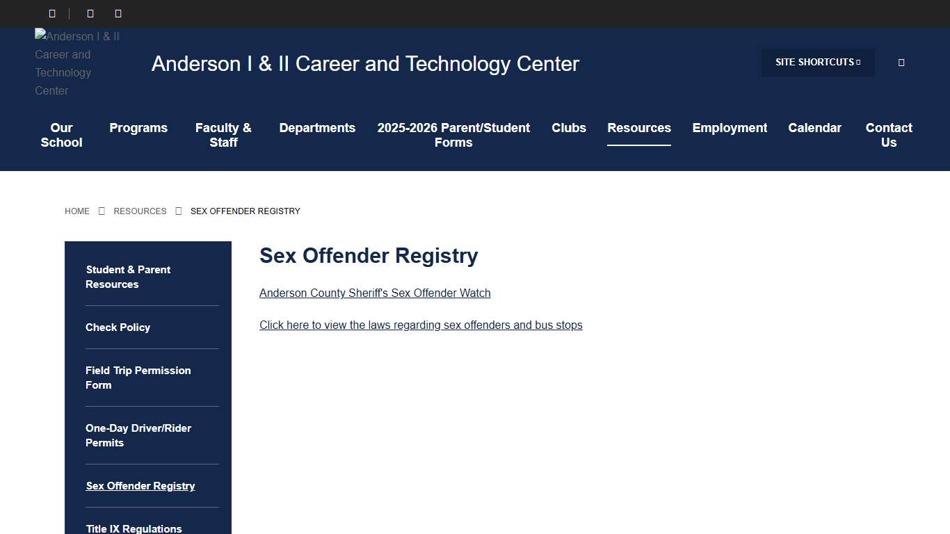 Sex Offender Registry - Anderson District 1 & 2 Career & Technology Center
