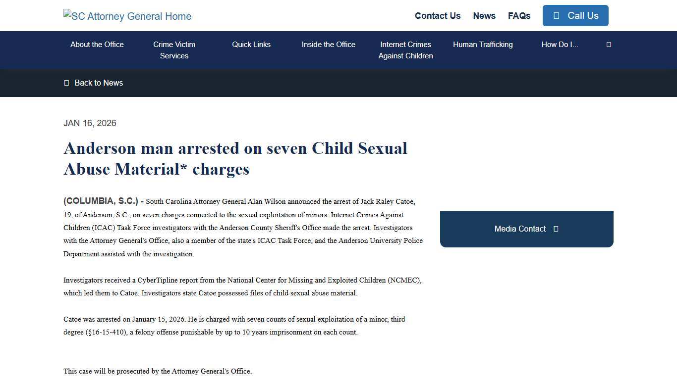 Anderson man arrested on seven Child Sexual Abuse Material* charges - South Carolina Attorney General