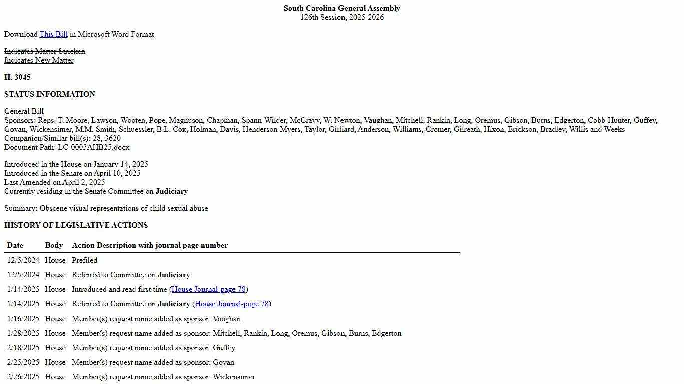 2025-2026 Bill 3045: Obscene visual representations of child sexual abuse - South Carolina Legislature Online