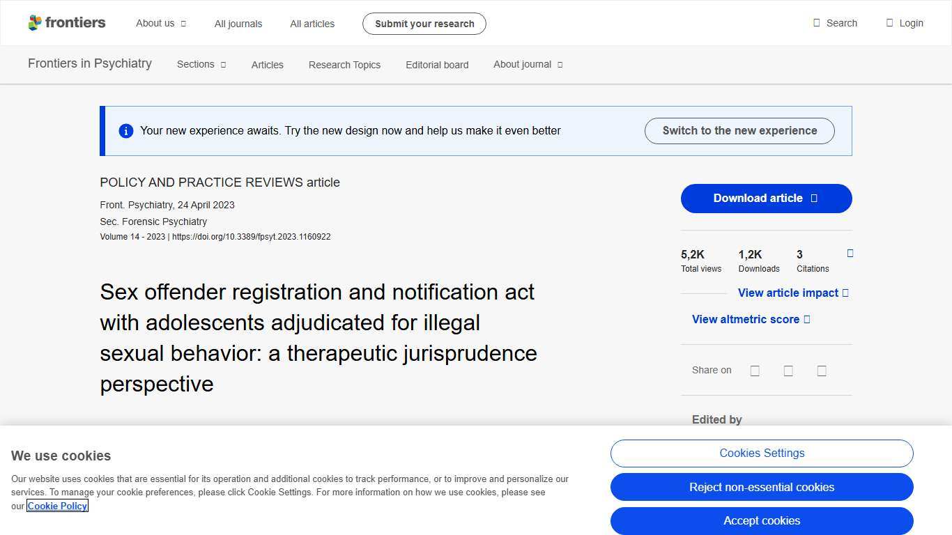 Frontiers Sex offender registration and notification act with adolescents adjudicated for illegal sexual behavior: a therapeutic jurisprudence perspective